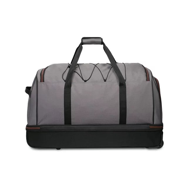 Protege Rolling Drop-Bottom Duffel Bag for Travel, 30 in, Black and Grey