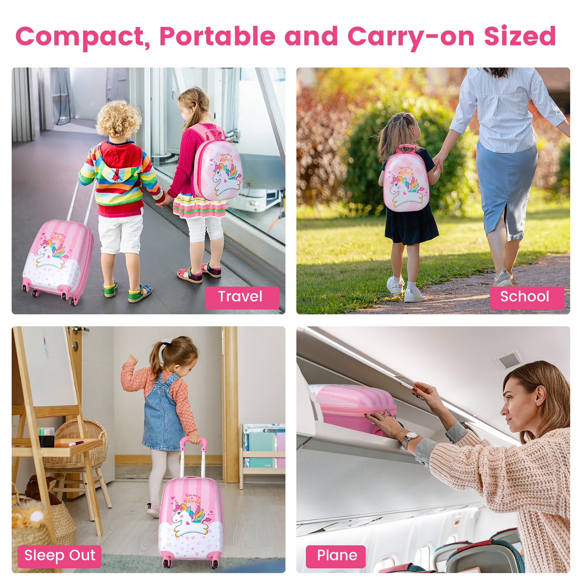 Costway 2PC Kids Carry On Luggage Set 12'' Backpack and 16'' Rolling Suitcase for Travel