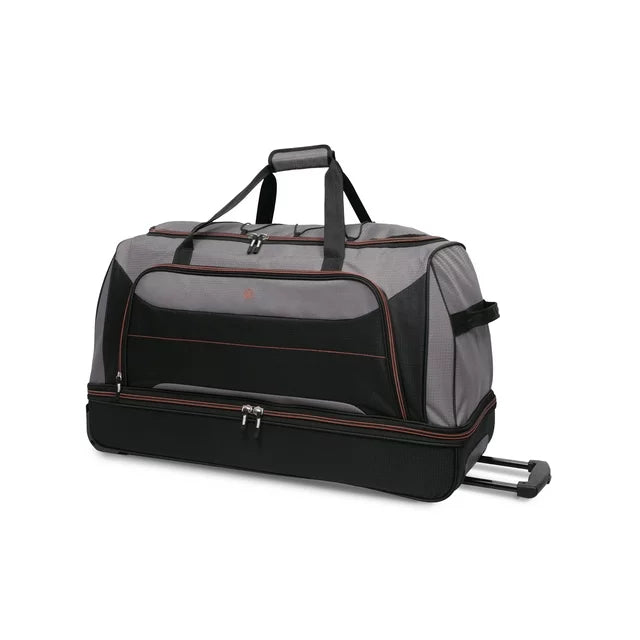 Protege Rolling Drop-Bottom Duffel Bag for Travel, 30 in, Black and Grey