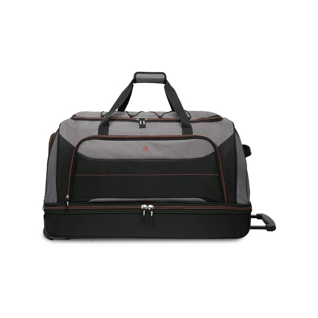 Protege Rolling Drop-Bottom Duffel Bag for Travel, 30 in, Black and Grey