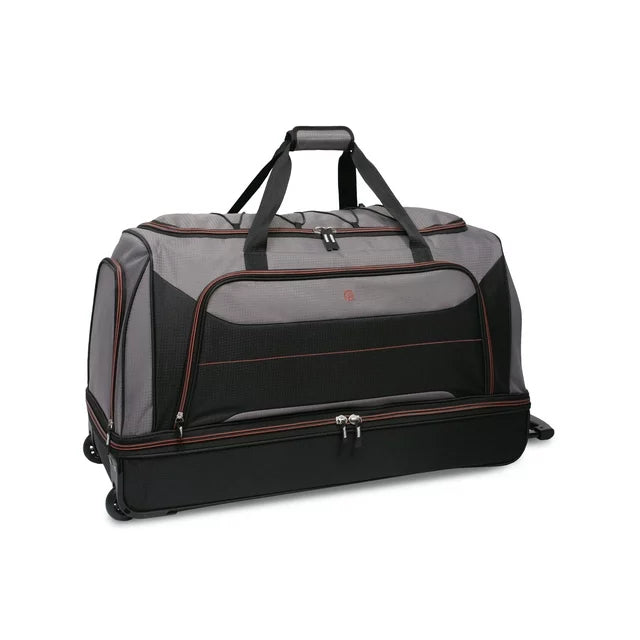 Protege Rolling Drop-Bottom Duffel Bag for Travel, 30 in, Black and Grey