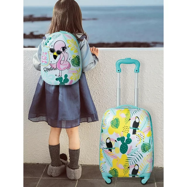 Gymax 2PC Kids Luggage Set Backpack & Rolling Suitcase Travel ABS Flamingos