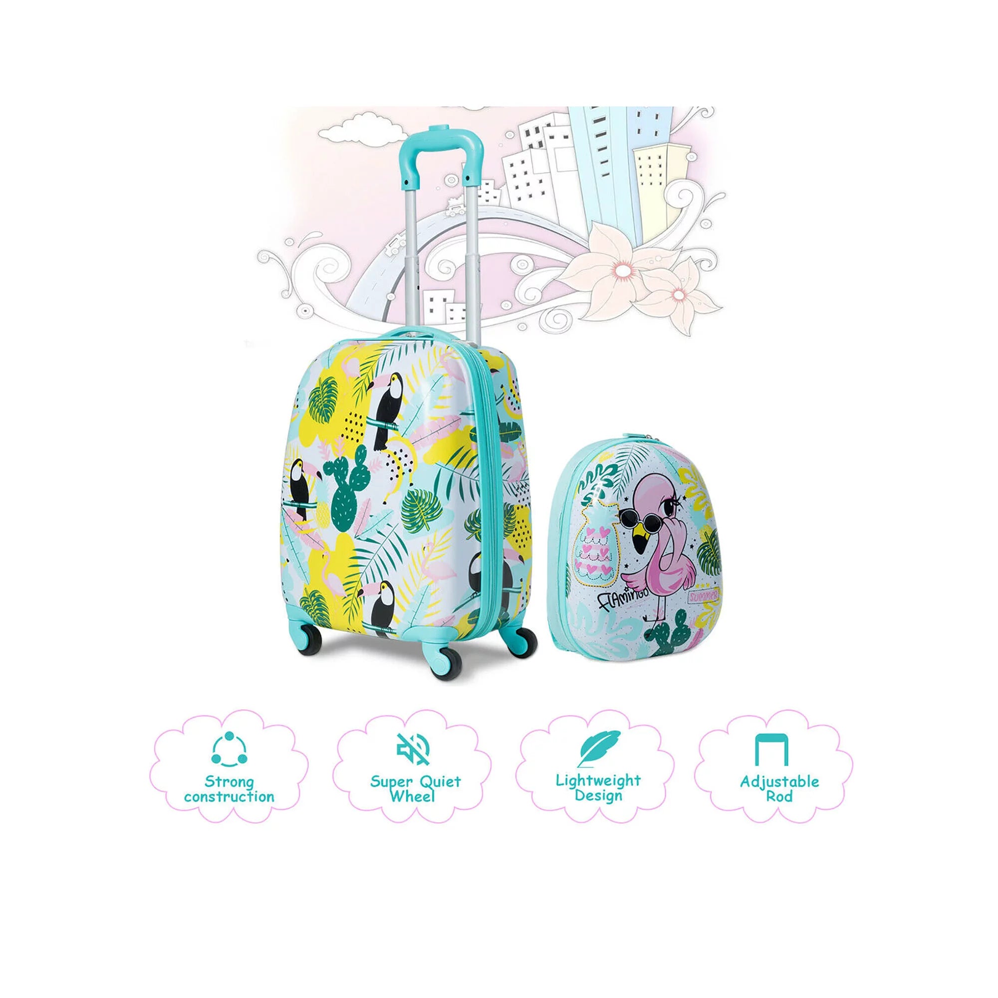 Gymax 2PC Kids Luggage Set Backpack & Rolling Suitcase Travel ABS Flamingos